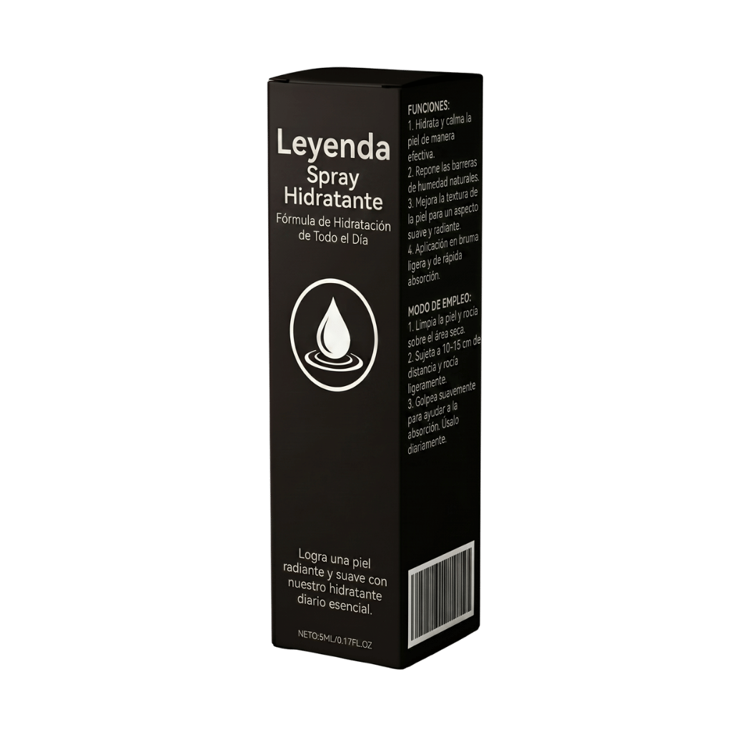 Leyenda Spray Hidratante, caja del producto con instrucciones y beneficios para la piel, humectación diaria.