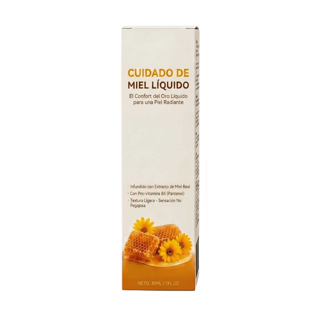 Cuidado de Miel Líquido, envase que muestra extracto de miel real y flores para la piel radiante.