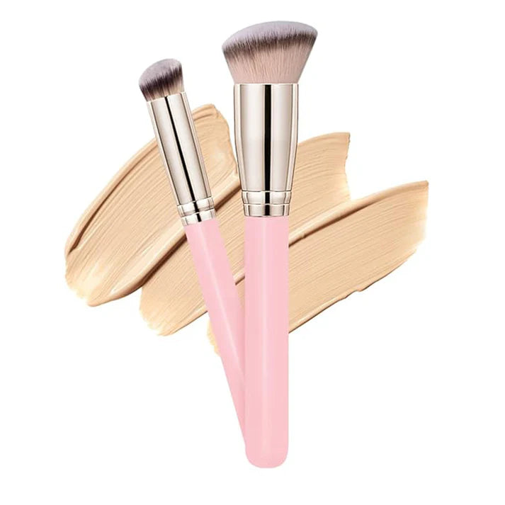 Brocha de Maquillaje de Precisión sobre fondo de tonos de base para maquillaje.