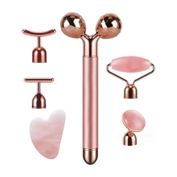 JadeLift Gua Sha Facial set including various facial massage tools and rose gold accents.