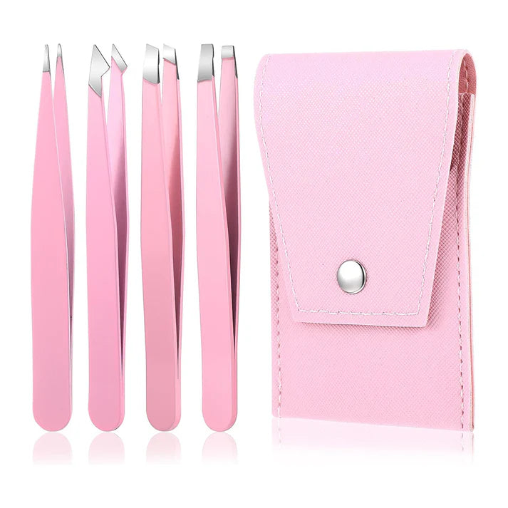 Set de Pinzas de Precisión para Cejas con 4 pinzas y estuche rosa, ideal para dar forma a las cejas.
